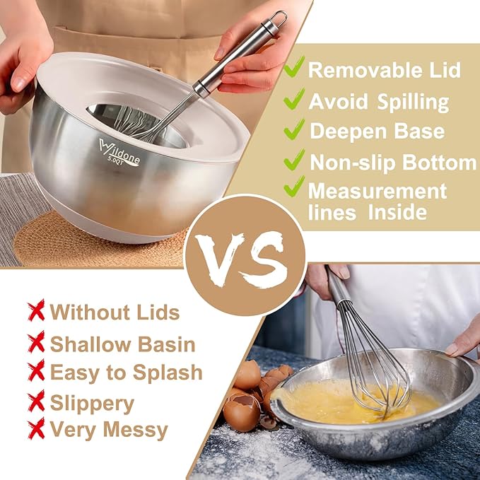 Wildone Mixing Bowls with Airtight Lids, 27 PCS Stainless Steel Nesting Bowls, with 3 Grater Attachments, Scale Mark & Non-Slip Bottom, Size 5, 4, 3, 2, 1.5, 1, 0.63QT, Ideal for Mixing & Prepping