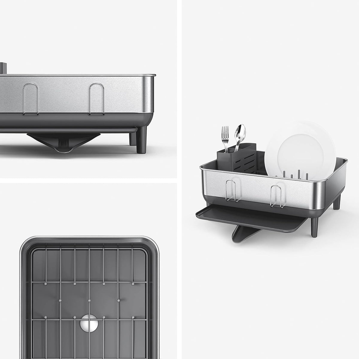 simplehuman Compact Dish Drying Rack with Stainless Steel Frame, 360º Easy Drain Swivel Spout, Utensil Holder, Anti-Residue Coating, Moisture Control Surface, Grey
