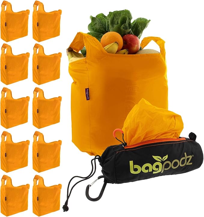 Sturdy Reusable Grocery Bags Foldable and Washable - Made From RipStop Nylon Hold 50lbs - Designed in USA Reusable Shopping Bags Inside a Compact Pod with Carry Clip - 10 Pack in Orange