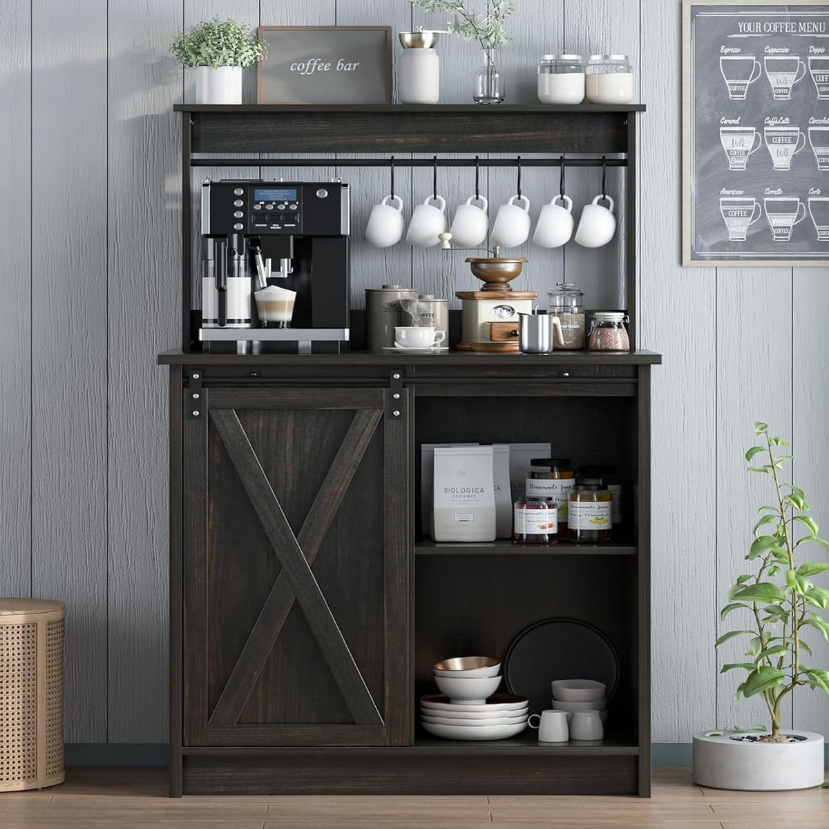 4ever2buy Farmhouse Coffee Bar Cabinet with Hutch, 50 Inch Coffee Bar Hutch with Sliding Barn Door & 6 Hooks for Living Dining Room, Dark Oak
