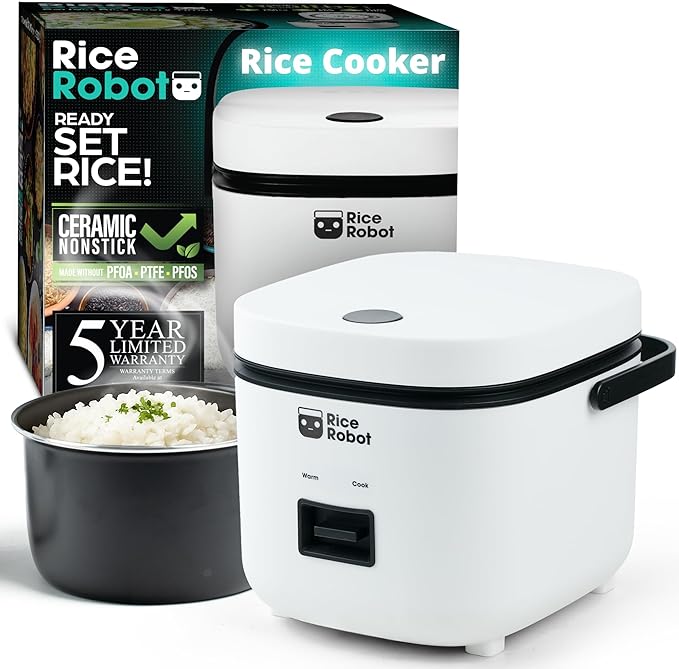 Rice Robot Personal Rice Cooker, PFAS-free, Nonstick. 1 Quart Capacity, with Stainless Steel Steamer Tray, Measuring Cups, Recipe Book with 60 Recipes, and Serving Spoon, As Seen On TV