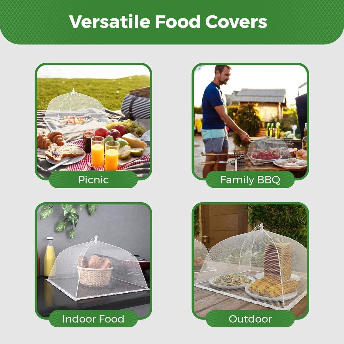 Simply Genius Mesh Food Covers for Outdoors - 2 Jumbo (39x24 in) & 4 Large (17x17 in), White Collapsible 6-Pack - Pop-Up Reusable Food Nets & Tents for Outdoor Serving & Picnics with Bug Protection