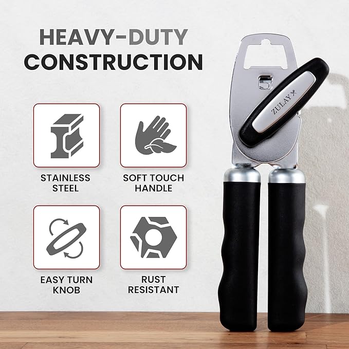 Zulay Kitchen Heavy Duty Stainless Steel Can Opener Manual with Bottle Opener - Rust Proof Manual Can Opener With Turn Knob & Comfy Soft Grip Handles - Black