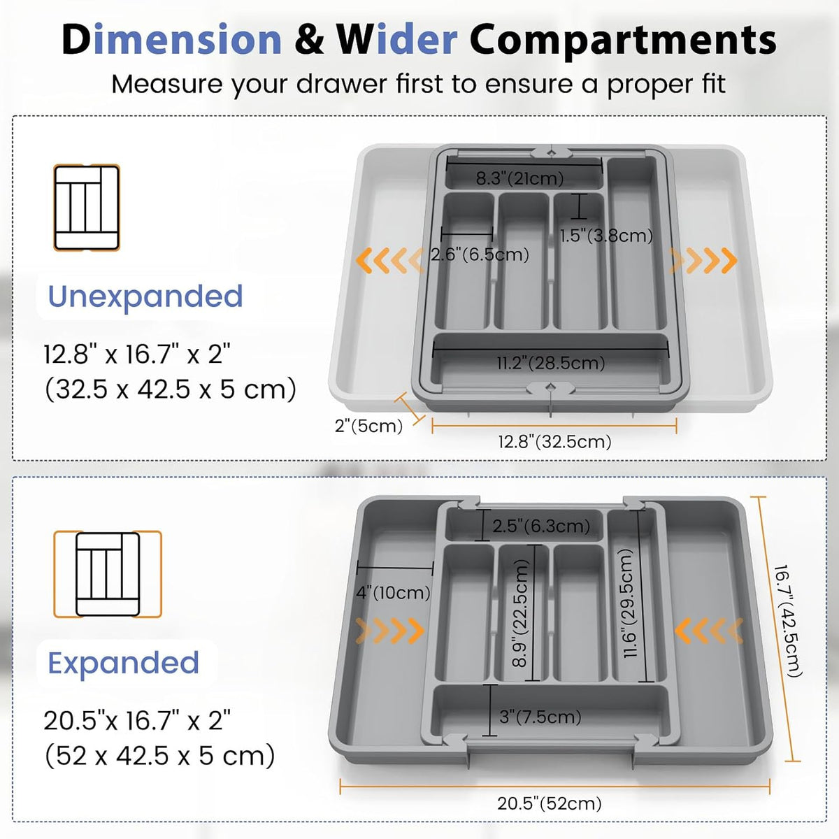 Caperci Large Silverware Organizer for Kitchen Drawer & Utensils - Expandable Drawer Organizer for Cutlery, Flatware & Gadget, BPA-Free Thick Plastic, Wider Compartments & Non-skid Feet (Medium Gray)