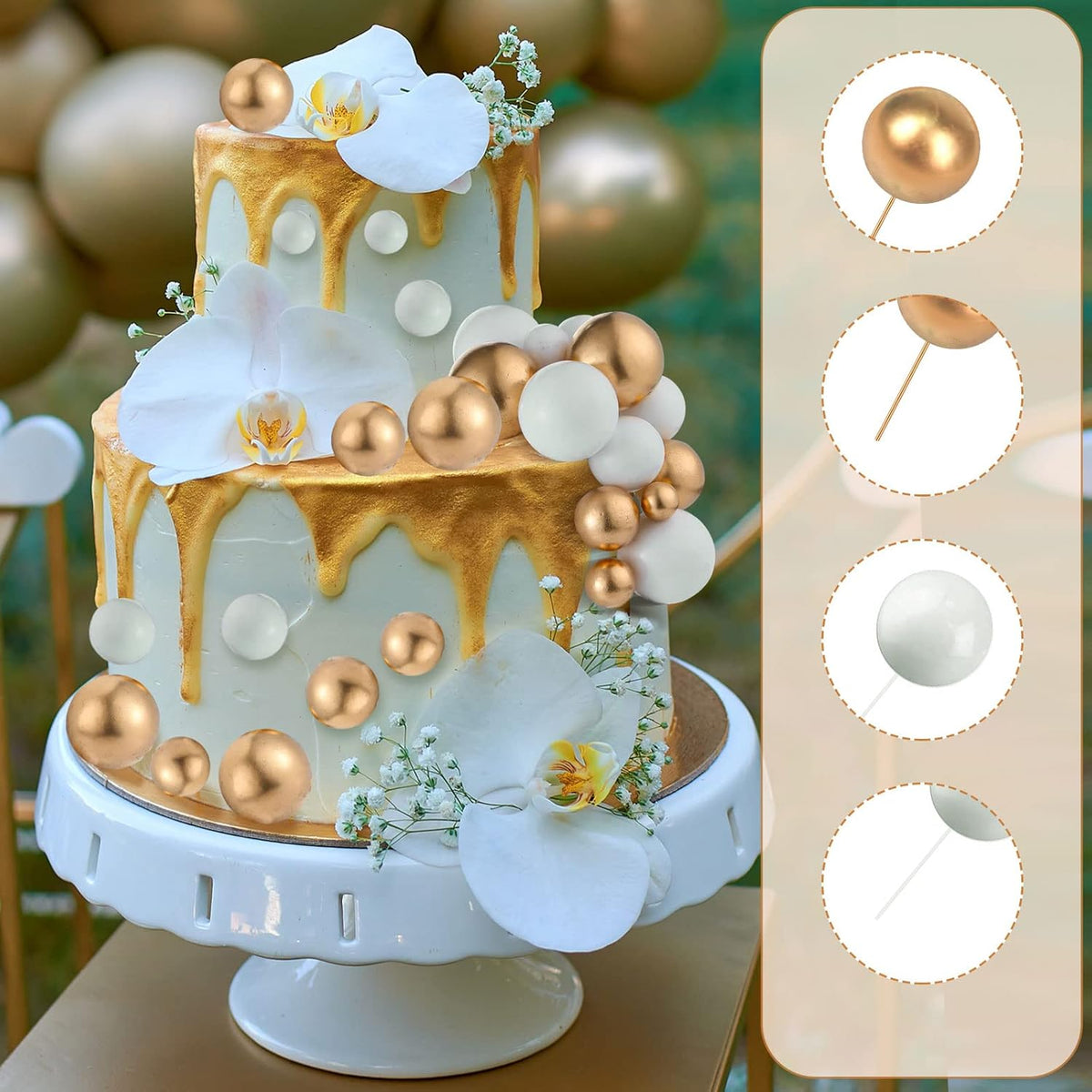 108 Pcs Balls Cake Topper DIY Cupcake Insert Foam Balloons for Cake Baking Wedding Anniversary Birthday Decoration(White, Gold,Multi Sizes)
