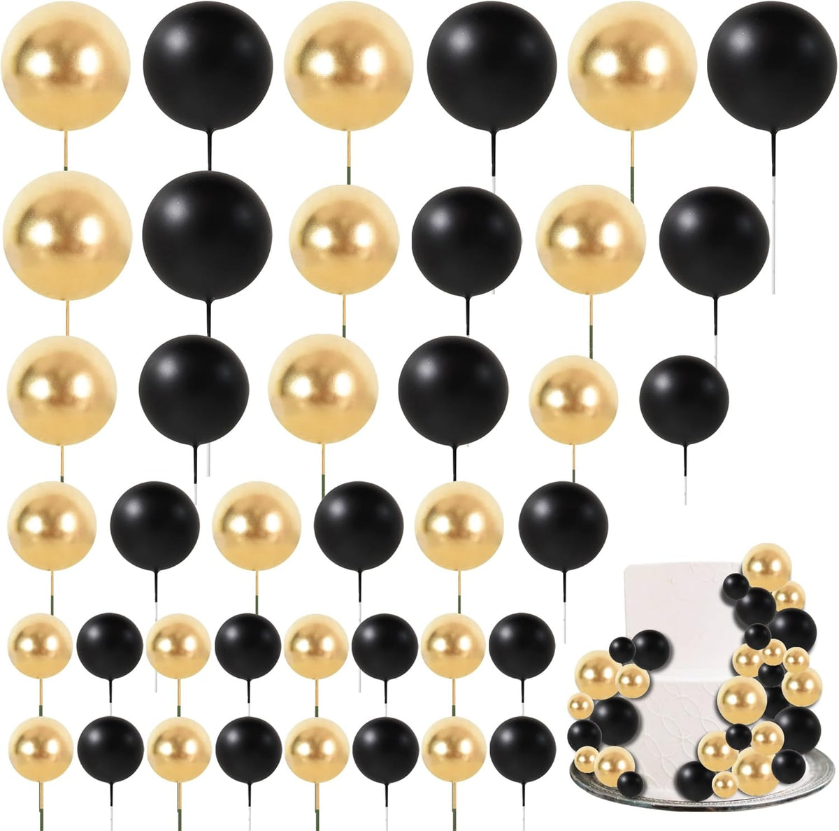 BEISHIDA 40 Pcs Ball Cake Toppers Mini Balls Cake Decorations Black Gold Foam Balls Sticks DIY Cake Topper for Baking Congrats Grade 2025 Graduation Birthday Retirement Party Decorations (Black Gold)
