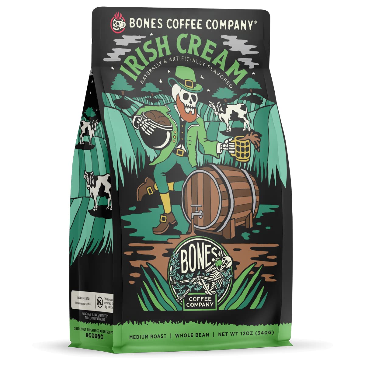 Bones Coffee Company Irish Cream, Creamy Liqueur Flavored Coffee, Medium Roast Low Acid Arabica Beans Compatible with Auto drip and French Press Coffee Maker, 12 Oz Whole Bean
