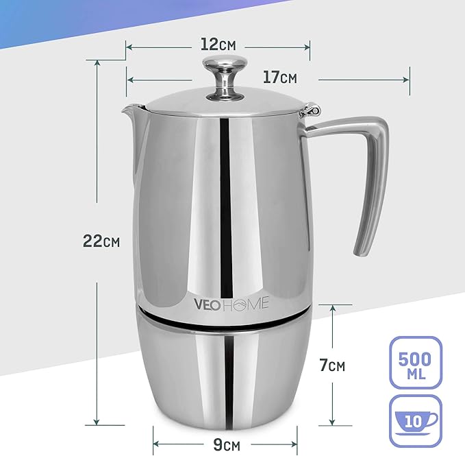 VeoHome Stovetop Espresso Coffee Maker - 10 Cups 500ml Multi-Stove Stainless Steel Induction Moka Pot - Unbreakable and Dishwasher-Safe Italian Style Caffe Machine