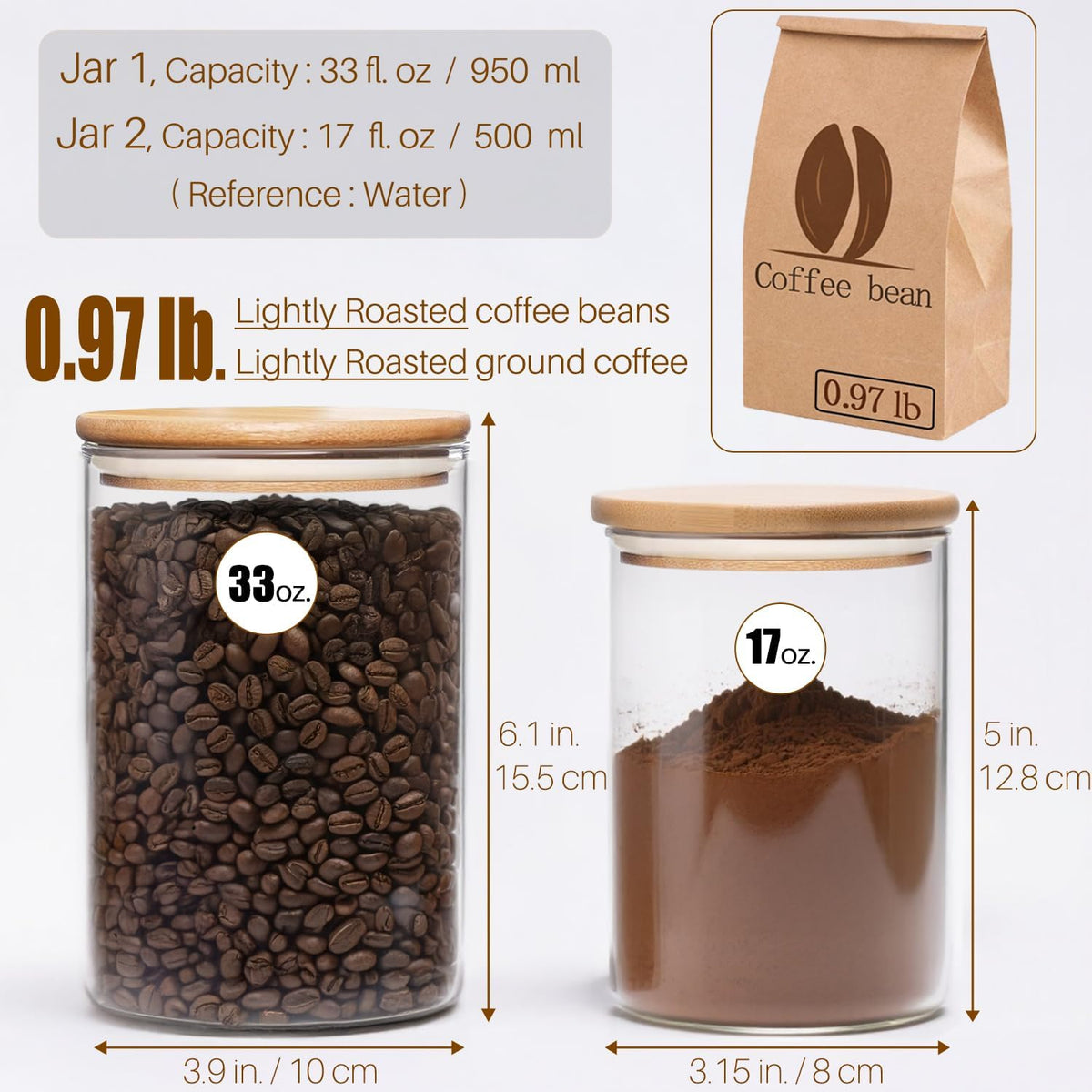 33 oz Glass Food Storage Jars with Airtight Lids, Clear Glass Jar with Bamboo Lid, Airtight Food Canister for Tea, Candy, Coffee, Sugar, Cookie, Snack. (Round | 5+6 Inch)