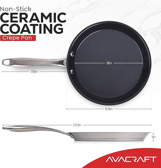 AVACRAFT 10 inch (9.4”) Nonstick Ceramic Coating Stainless Steel Crepe Pan, Tawa, Dosa Tortilla Pan, Compatible with All Stovetops, PFOA, PTFE Toxin Free