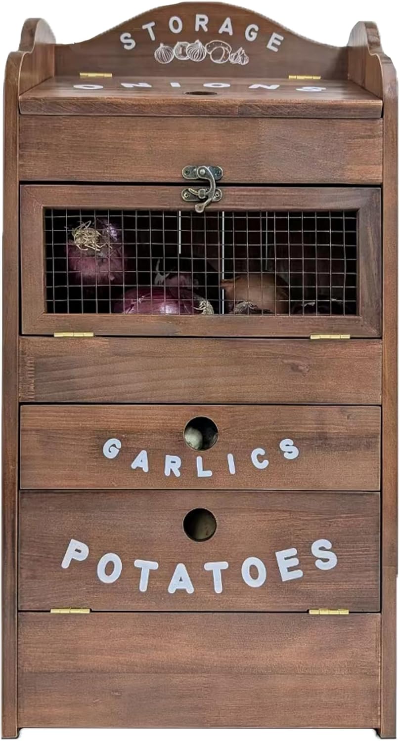 ARTAWEIN Pine Wood Veggie Bin for Potato, Onion and 1 Garlic Drawer Vegetable Box for Kitchen Storage, Solid Wood Vegetable Bin 13.77" L X 7.1" W X 29.3" H (Rustic Walnut)
