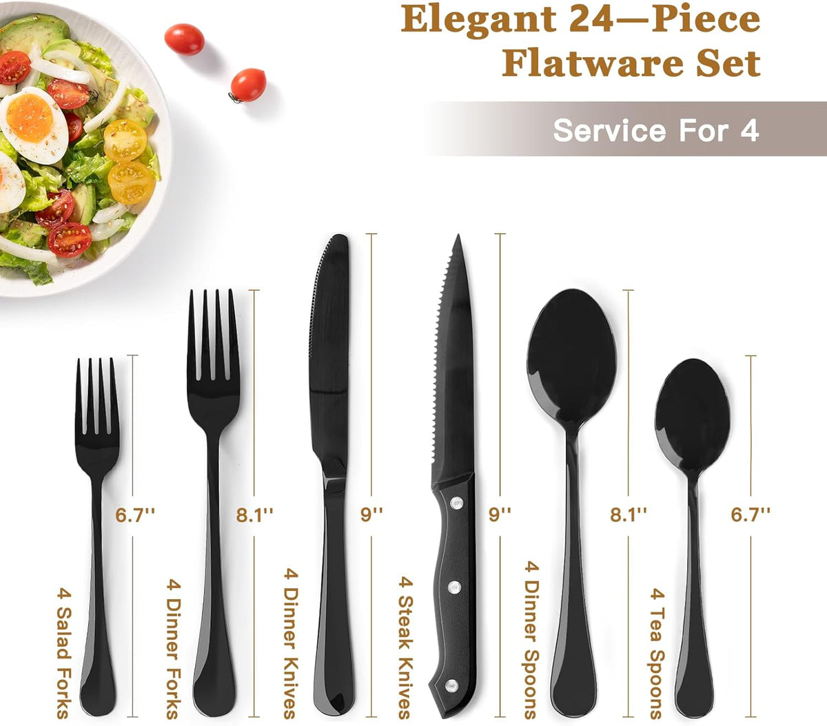 Astercook 24-Piece Black Silverware Set with Steak Knives Flatware Set for 4 Food-Grade Stainless Steel Cutlery Set Mirror Polished Utensils Set Include Spoons and Forks for Home Kitchen Restaurant