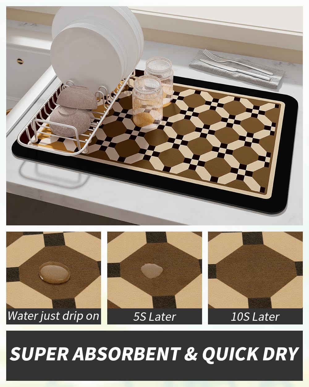AMOAMI Coffee Mat Hide Stain Rubber Backed Absorbent Dish Drying Mat for Kitchen Counter - Fits Under Coffee Maker or Machine - PEANUT 17x31.5