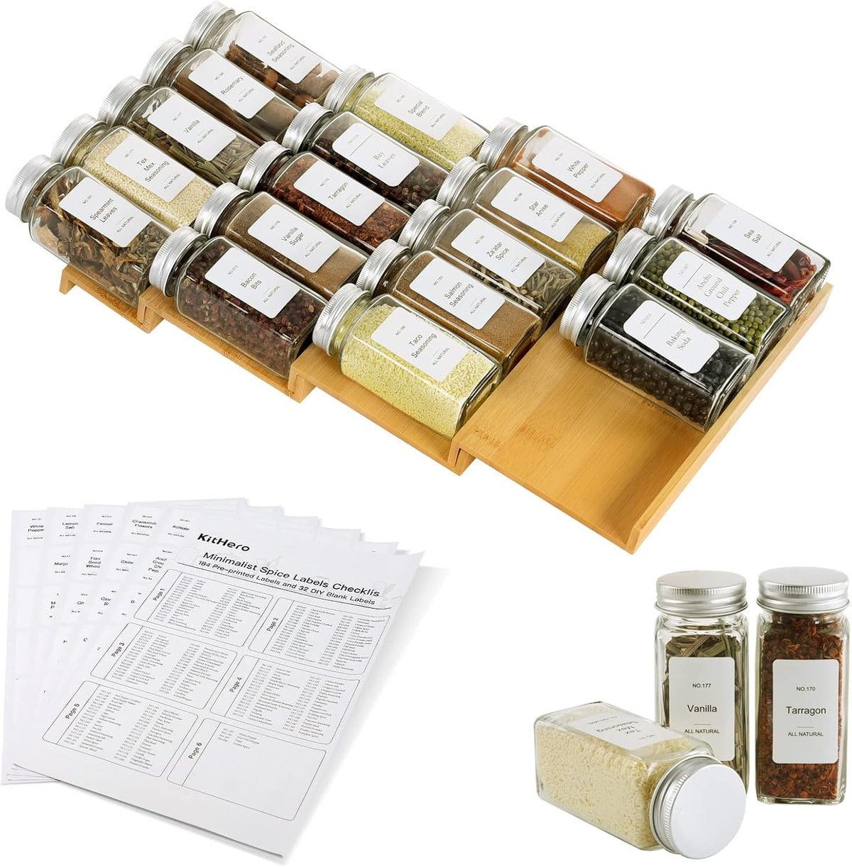 Spice Drawer Organizer with 18 Spice Jars,216 Labels,50 Non-slip Rubber, Bamboo 4 Tier Seasoning Rack Tray Insert for Kitchen Drawers,Cabinets,Countertop,9" Wide x 15.8" Deep