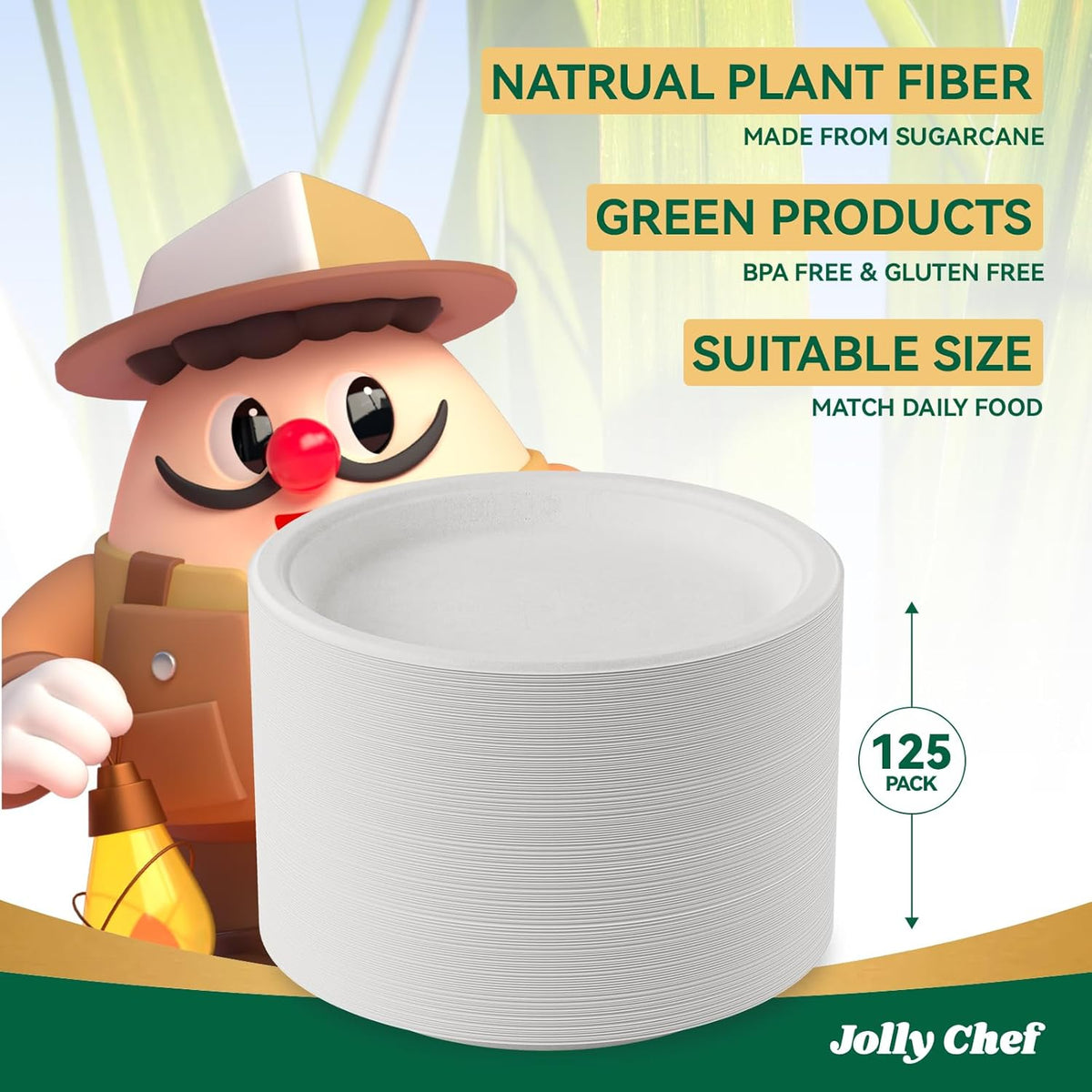 JOLLY CHEF Compostable Heavy Duty Plates 𝟭𝟬 𝗜𝗻𝗰𝗵 [𝟭𝟮𝟱 𝗣𝗮𝗰𝗸] Eco-Friendly Disposable White Paper Plates Made of Bagasse Biodegradable Bulk for Party Dinner Sugarcane Fibers Round 125 Count
