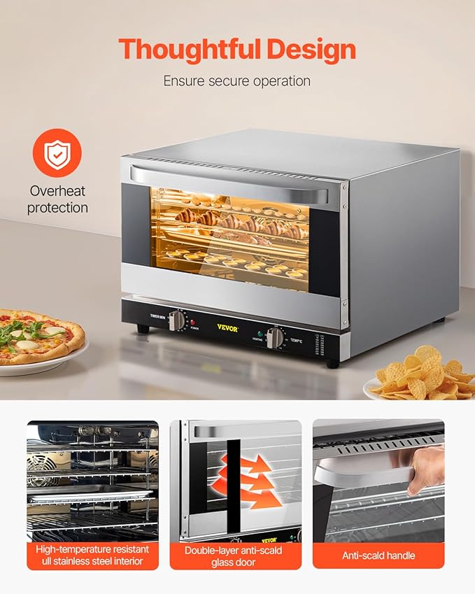 VEVOR Commercial Convection Oven, 47L/43Qt, Half-Size Conventional Oven Countertop, 1600W 4-Tier Toaster w/Front Glass Door, Electric Baking Oven w/Trays Wire Racks Clip Gloves, 120V