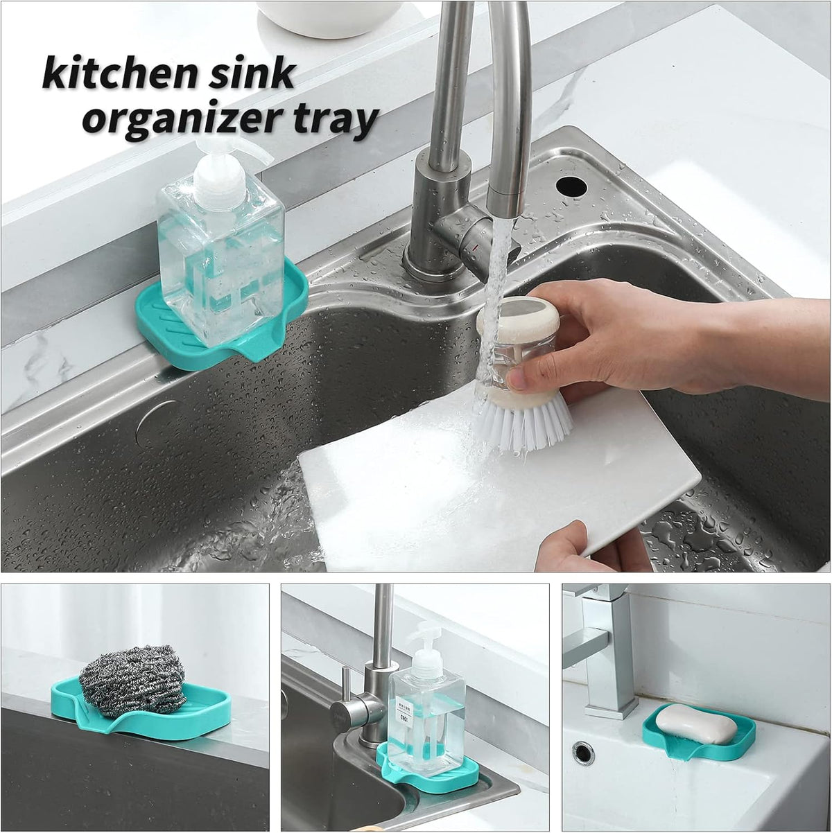 Silicone Bathroom Soap Dishes with Drain Spout-Bathroom and Kitchen Sink Organizer,Sponge Holder,Dish Soap Tray,Perfect for Dispenser,Scrubber,Bottle,Cup on Sink or Counter-Mint 4.9"×3.2"