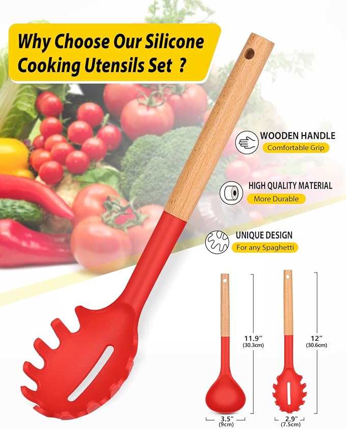 Silicone Pasta Fork and Ladle Spoon Set with Wooden Handle, Heat Resistant Non Stick Kitchen Utensils for Cooking, Stirring, Serving Spaghetti, Soup, Sauce(RED)