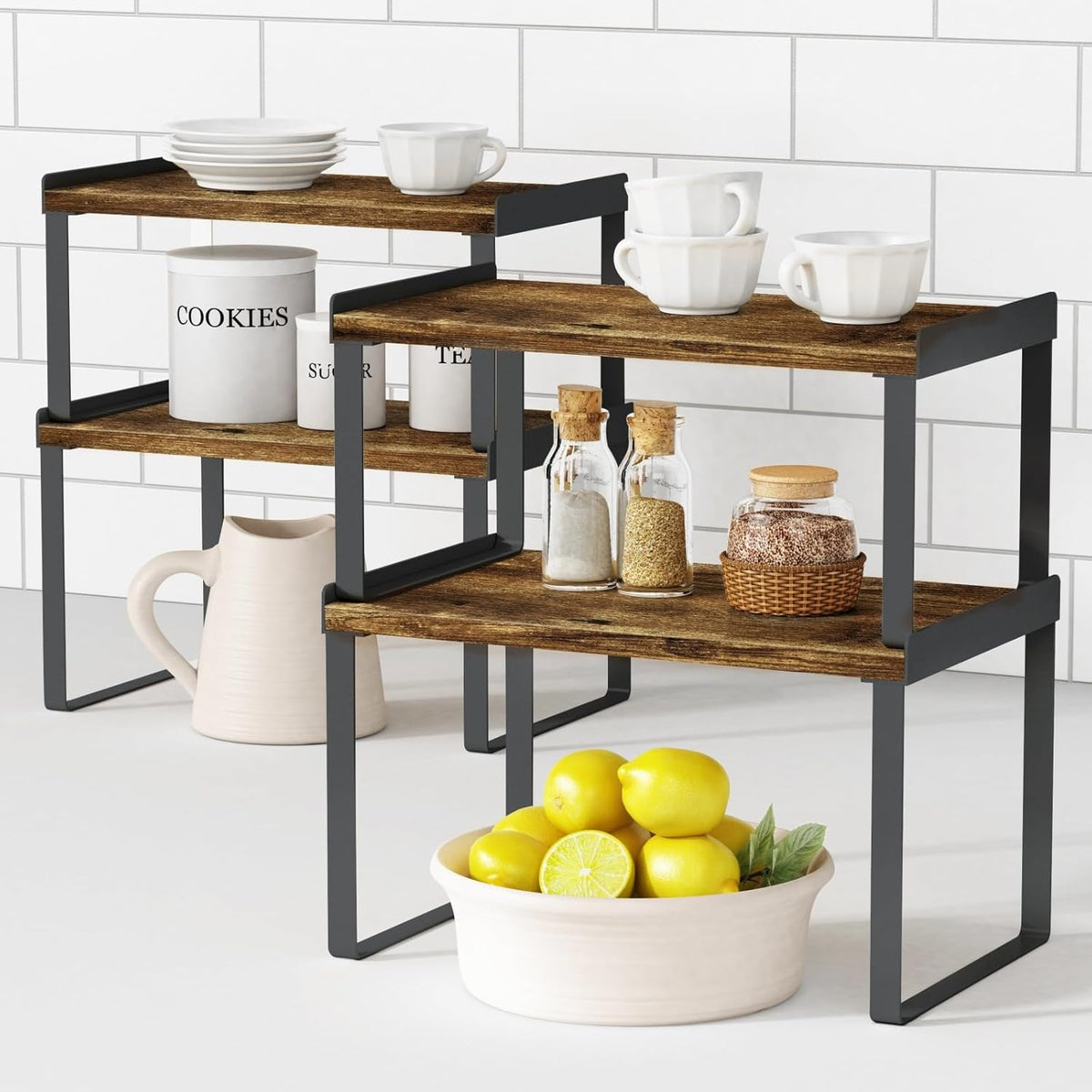 Kitchen Cabinet Organizers and Storage Shelves, Rustic Farmhouse Desk Shelf Riser for Cabinets, Black Expandable Corner Glasses Medicine Cabinet Organizer under Bathroom Sink - Set of 4