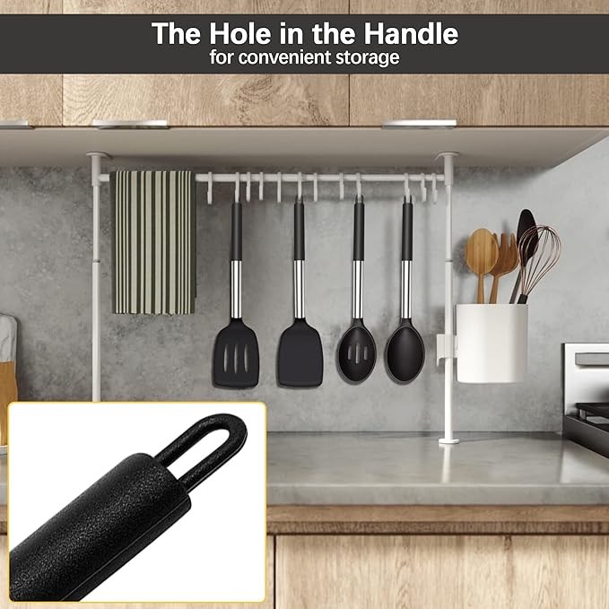Silicone Spatula Spoon Set, 4 PCS Silicone Cooking Utensils Spatula Spoon Set with Stainless Steel Handle, BPA Free Kitchen Turners for Frying, Mixing, Serving, Draining, Turning, Stirring, Black