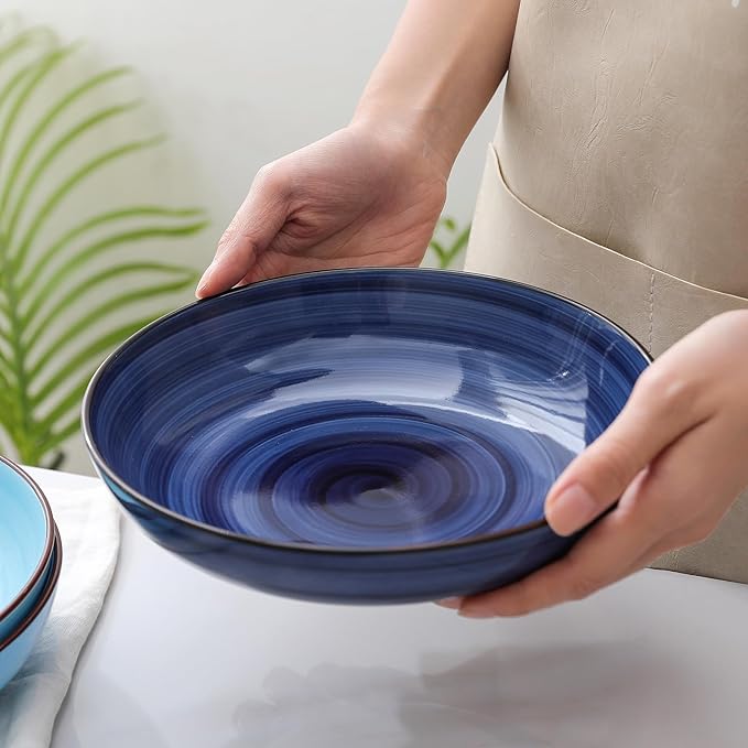 Selamica Ceramic 16-Pieces Dinnerware Set, Ceramic Dishes Set for 4, Kitchen Plates and Bowls Sets, Dinner Plates Set, Spray Black Dots, Gradient Blue