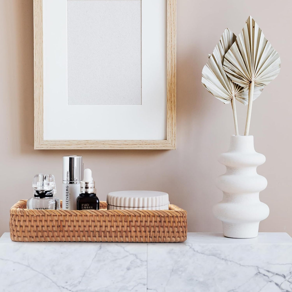 Rattan Bathroom Vanity Tray, Toilet Tank Tray, Toilet Basket Tank Topper, Bathroom Basket for Organizing and Decor (Natural, 10.2" x 4.9" x 1.6")