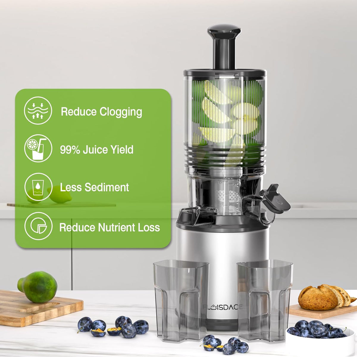 Cold Press Juicer – 6.5" Extra Large Feed Chute Fit Hands-Free Electric Masticating Juicer Machine, 350W Slow Masticating Juicer Machine for Whole Fruit and Vegetables – Easy Cleanup & Assembly