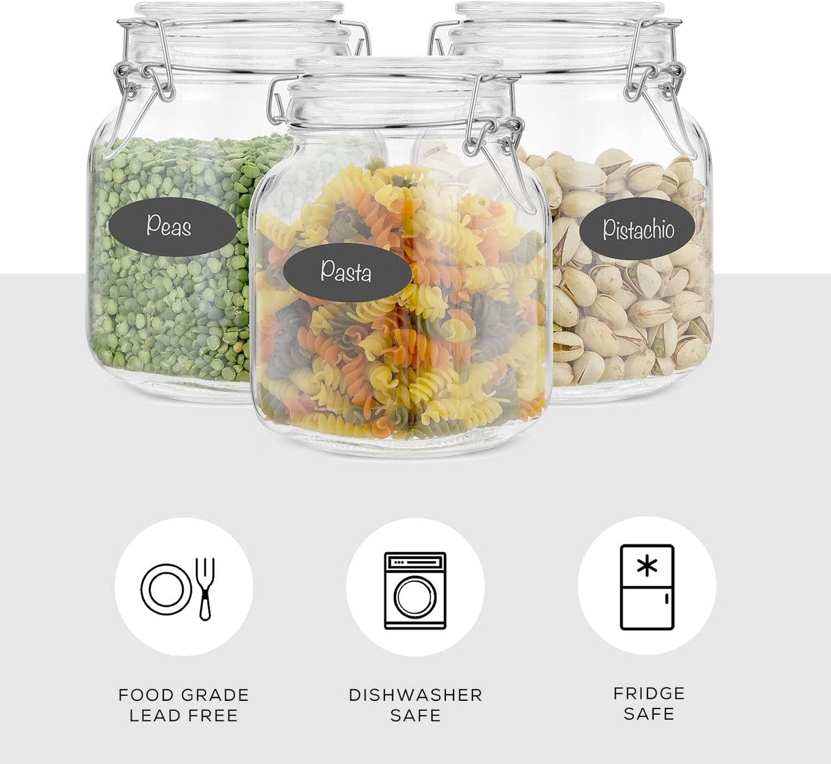 JoyJolt Airtight Glass Jars with Lids Set of 3. 32oz Glass Jar with Lid and 6 Silicone Seals! Med Glass Food Storage Containers. Square Mason Jar, Candy Jar, Sugar Jar, Pasta Containers for Pantry