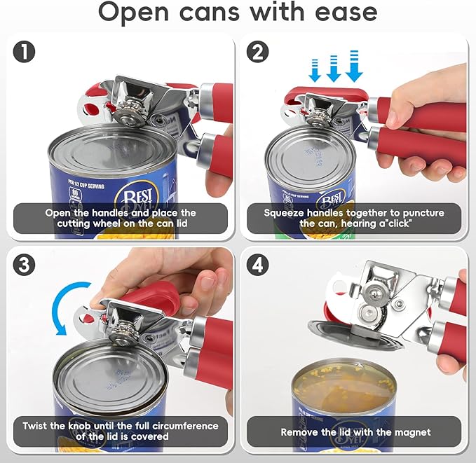 Can Opener Manual, UHIYEE Hand Held Manual Can Openers Heavy Duty with Smoother Cut Sharp Blade, Manual Hand Can Open with Soft Handle, Easy to Turn Knob, Magnetic Lid Lifter, Red