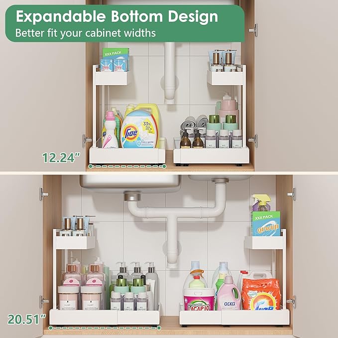 REALINN Expandable Under Sink Organizers and Storage, 2 Tier Under Cabinet Organizer, Heights Adjustable Pull Out Rack for Kitchen Bathroom Laundry, White, 1 Pack