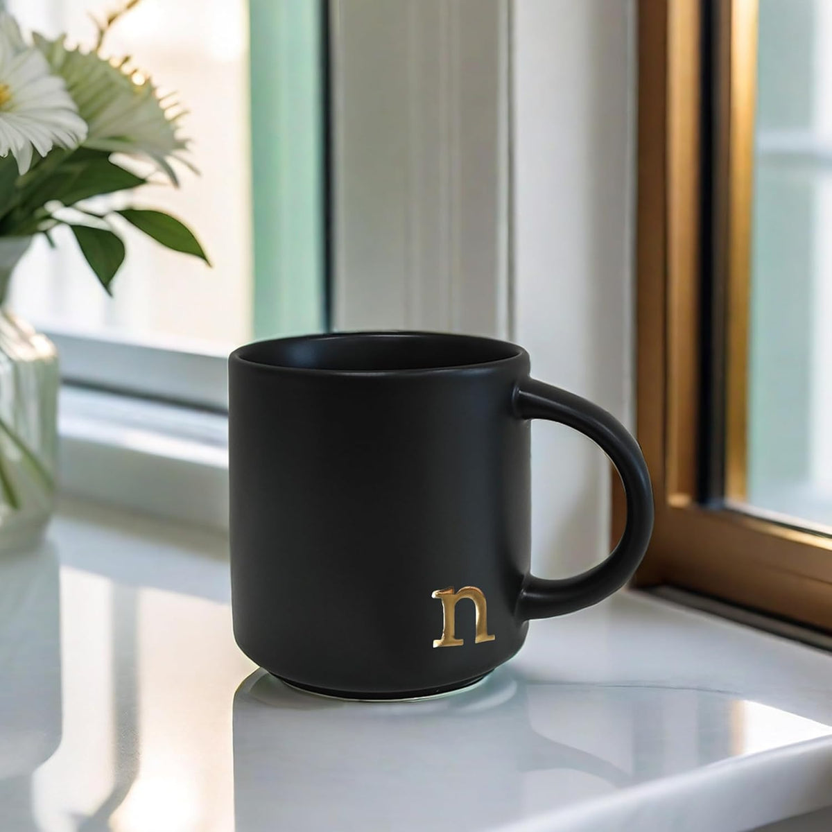 COLLECTIVE HOME - Black Monogram Ceramic Mugs, 15 oz Golden Initial Coffee Cups, Elegant Alphabet Tea Mugs, Personalized Halloween Mug with Gift Box, Perfect for Office and Home Décor (n)