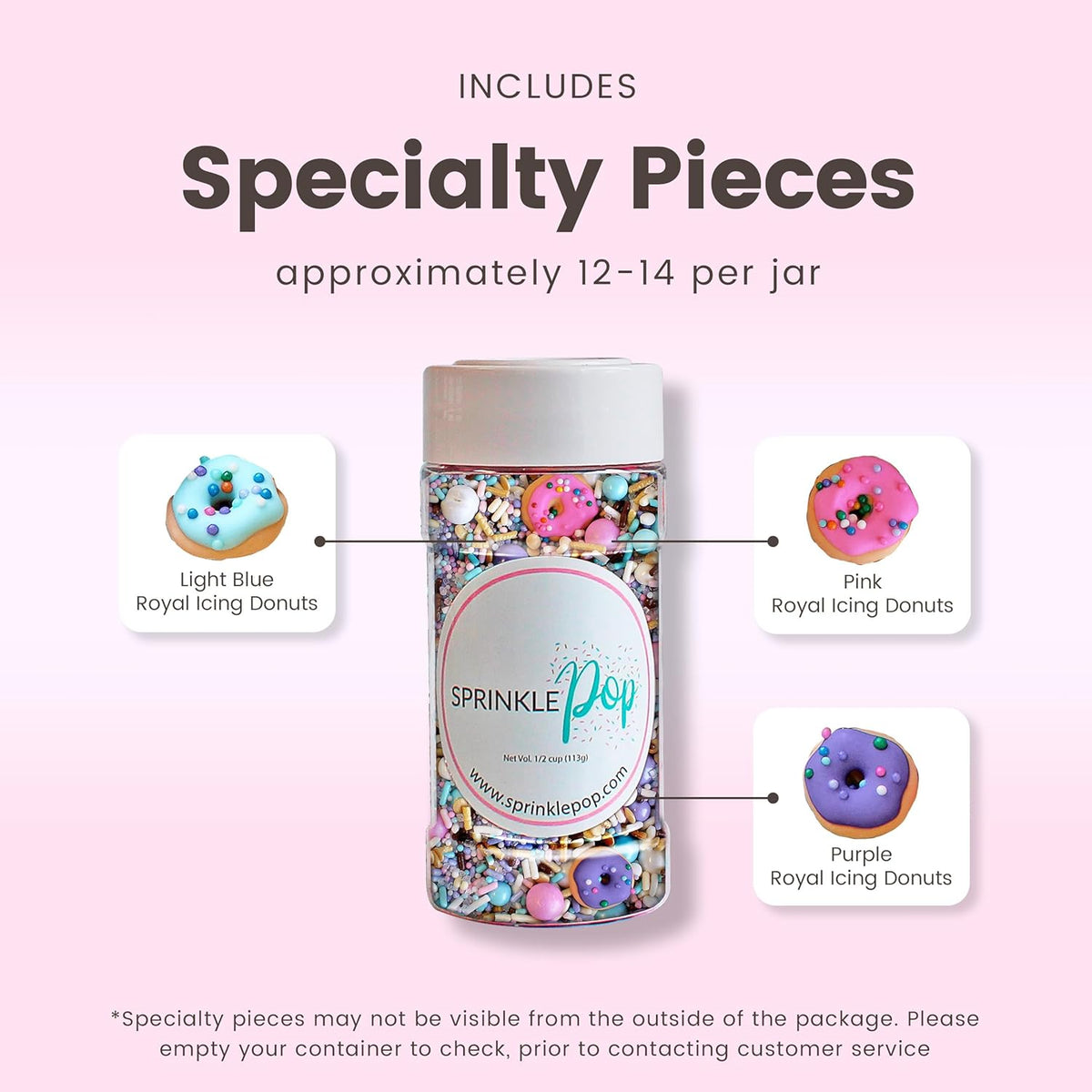 Sprinkle Pop Donut Sprinkle Mix| Lavender White Gold Pink Blue Sprinkle Mix with ~12 Sprinkled Donuts Royal Icings| Birthday Decorating Sprinkles Made in USA for Cupcakes Cakes Cookies Donuts, 4oz
