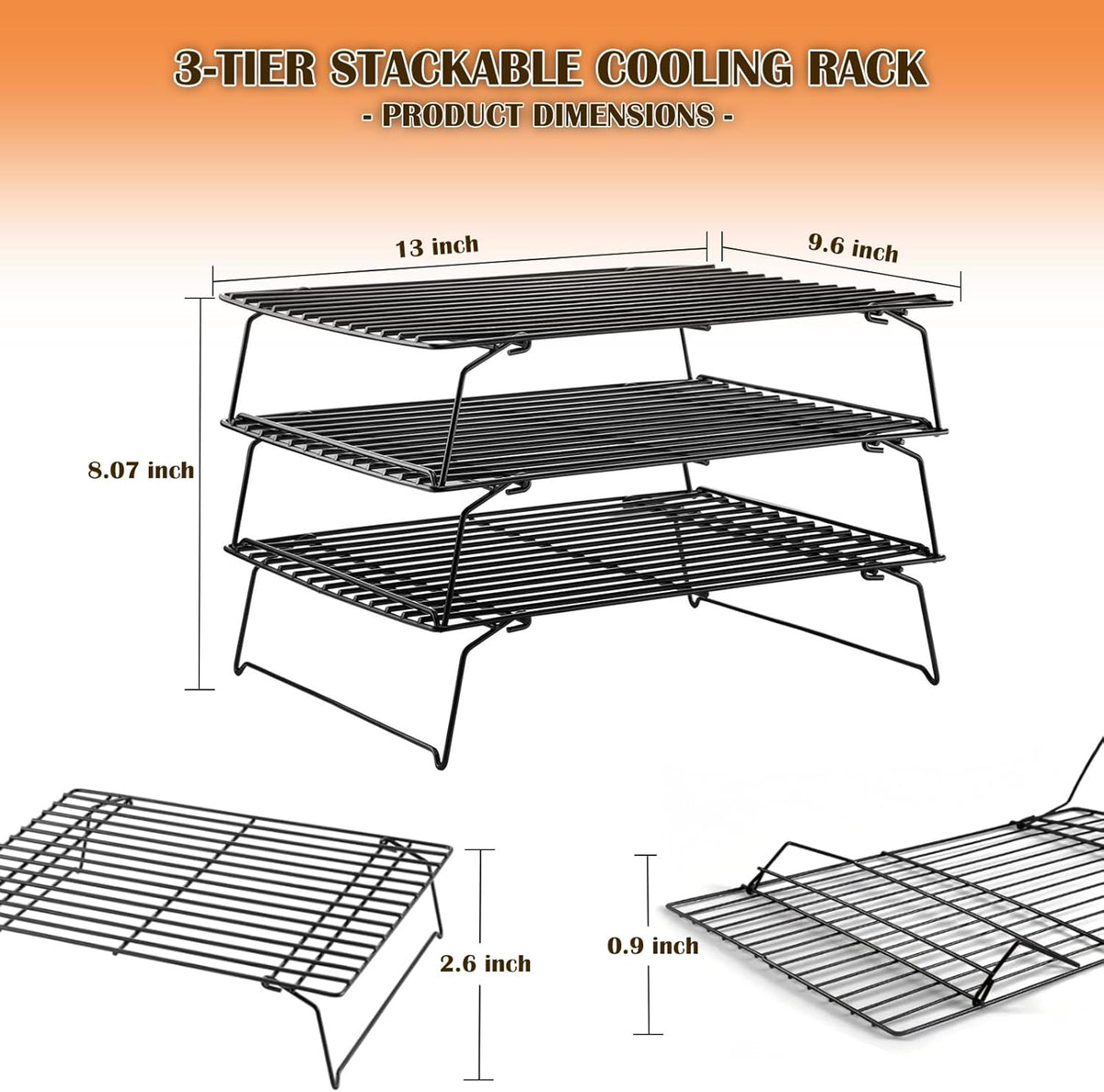 3-Tier Cooling Racks for Cooking and Baking - 13" x 9.6" Stackable Heavy Duty Stainless Steel Wire Rack for Baking, Grilling, Roasting - Oven & Dishwasher Safe - Black