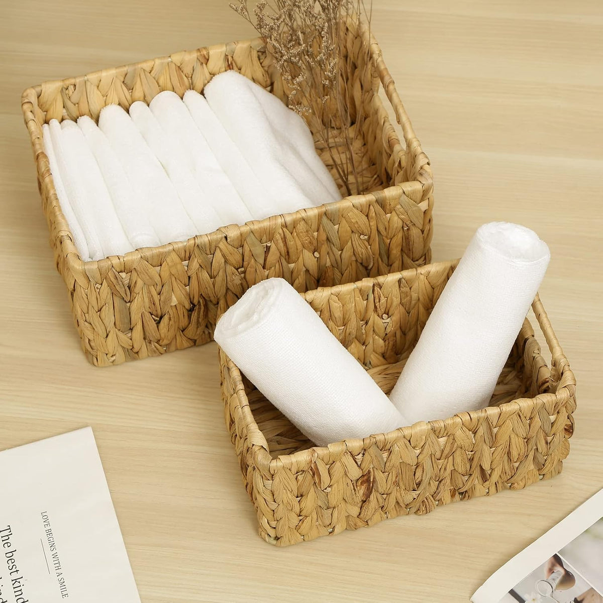 HOONEX Water Hyacinth Storage Baskets, Wicker Baskets for Storage, Hand Woven Baskets with Carry Handles, Set of 2, Natural
