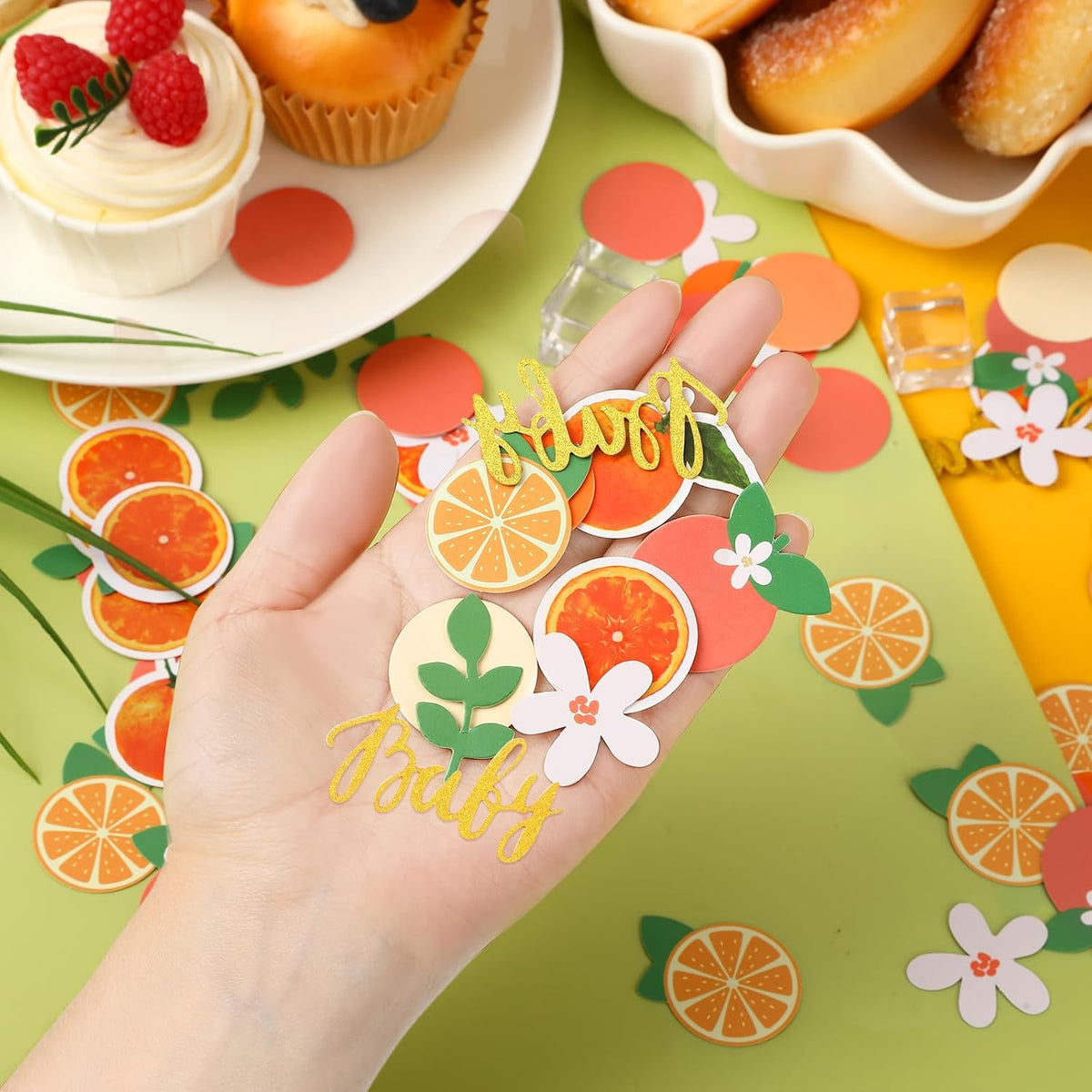 MARFOREVER 500 Pcs Little Cutie Baby Shower Confetti Citrus Decoration Orange Baby Shower Confetti Tangerine Eucalyptus Scatter for Gender Reveal Birthday Party Table Decoration Supplies