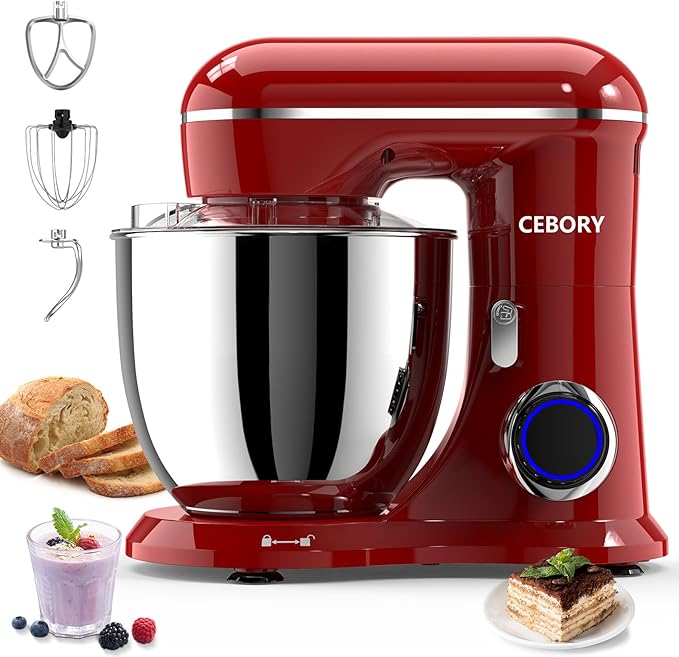 CEBORY 3-IN-1 Electric Stand Mixer, 6.5QT Bowl 660W 10-Speed Kitchen Mixer, Household Food Mixers include Dough Hook, Beater and Whisk, Bread Cake Mixer for Baking and Most Home Cooks, Red