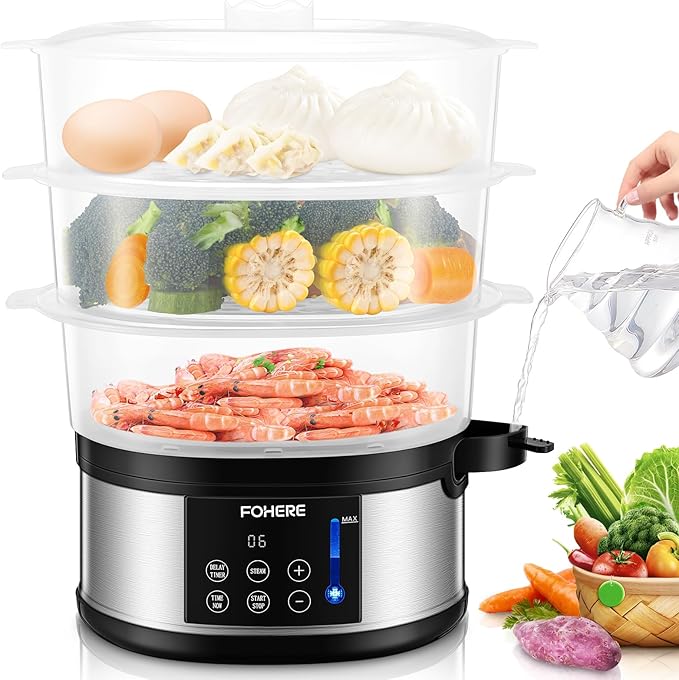 FOHERE Food Steamer for Cooking,13.7QT Vegetable Steamer with Stackable 3 Tiers BPA-Free Baskets,800W Electric Steamer Pot 60-Minute Timer, 24H Delay Start Timer for Veggies Seafood Rice