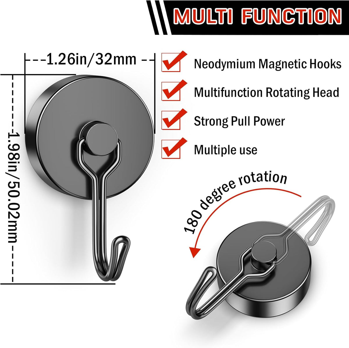 FINDMAG 100 LBS Magnetic Hooks, Super Strong Magnet with Hook for Cruise Cabins, Magnetic Hooks Heavy Duty for Classroom, Black Swivel Swing Hook for Hanging, Cruise, Locker Accessories, Refrigerator