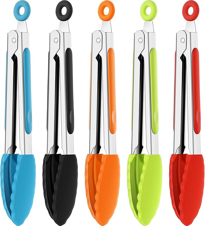 Mudder 5 Pcs Mini Silicone Kitchen Tongs 7 Inch Small Serving Food Tongs with Silicone Tips Christmas Party Supplies for Cooking, BBQ, Salad, Grilling and Frying(Multi)