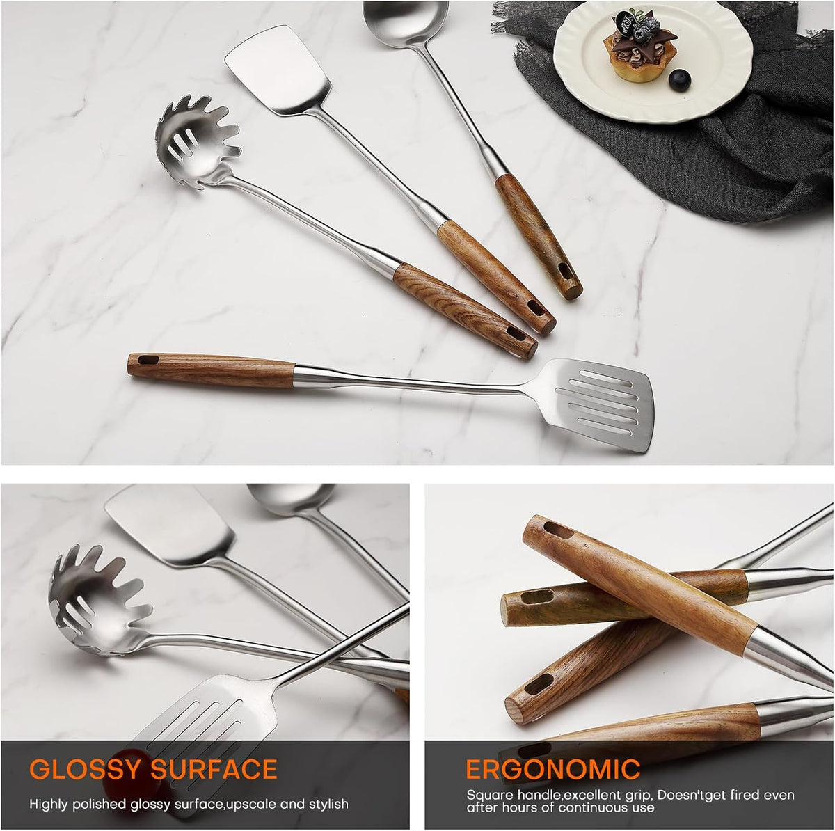 Lazycorner 304 Wooden Handle Stainlss Steel Kitchen Utensils Set 6 Pcs Cooking Utensils Set Heat Resistant Wooden Handle Kitchen Tools, Stainless Steel Wok Spatula