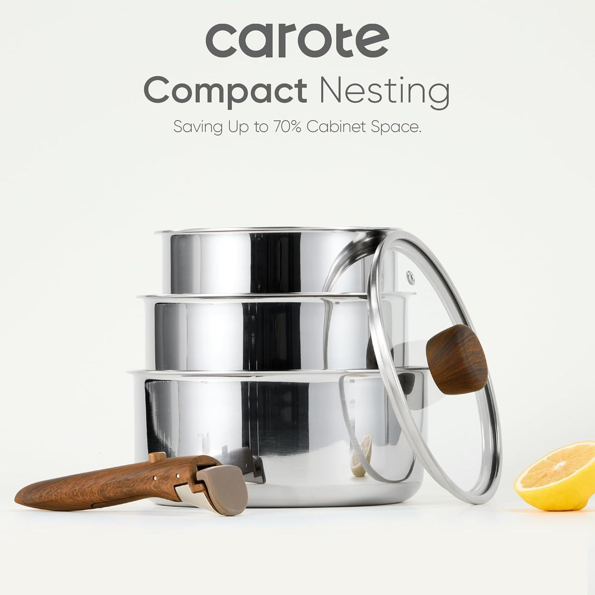 CAROTE Stainless Steel Sauce Pan with Detachable Handle, 1.5QT&2QT&3QT 8pcs Saucepan with Lid, Stainless Steel Pot, Nonstick Induction Kitchen Cookware, Removable Handle, Oven Safe, Woodgrain