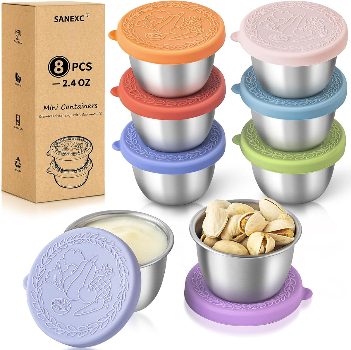 8 Pack - 2.4 Oz Small Salad Dressing Containers To Go, Leakproof Condiment Containers with Lids Reusable Stainless Steel Sauce Cups for Lunch Boxes Kitchen Storage Picnics Travel Meal Prep