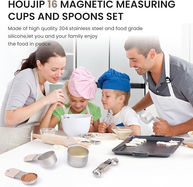 Magnetic Measuring Cups and Spoons Set-Heavy Duty 304 Stainless Steel，Double Measurement Markings，Set of 16 with Leveler for Measure Dry and Liquid Ingredients (khaki)