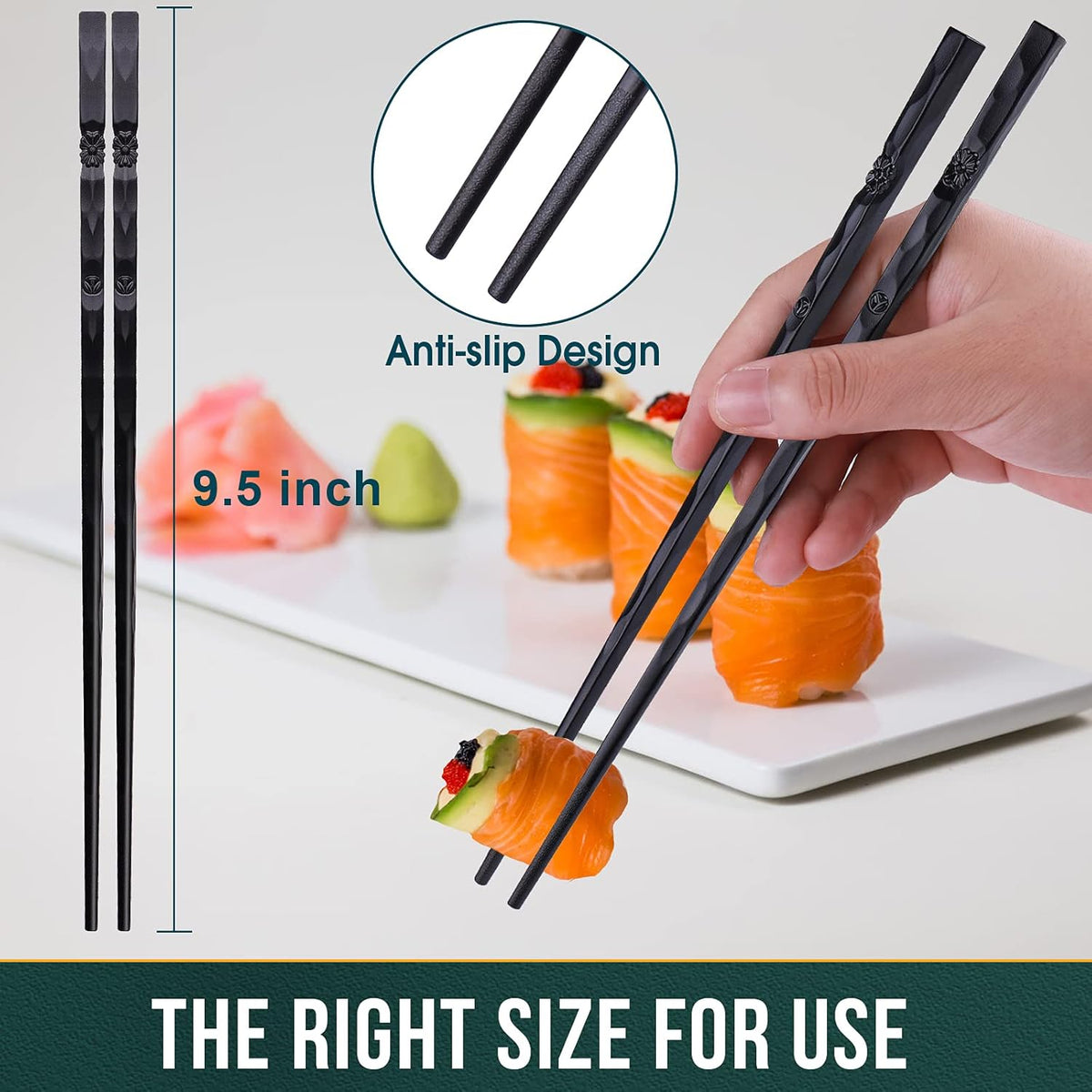 5 Pairs Japanese Fiberglass Chopsticks, GLAMFIELDS Reusable Chop sticks Dishwasher Safe, Non-slip, 9 1/2 inches - Gift Set Black