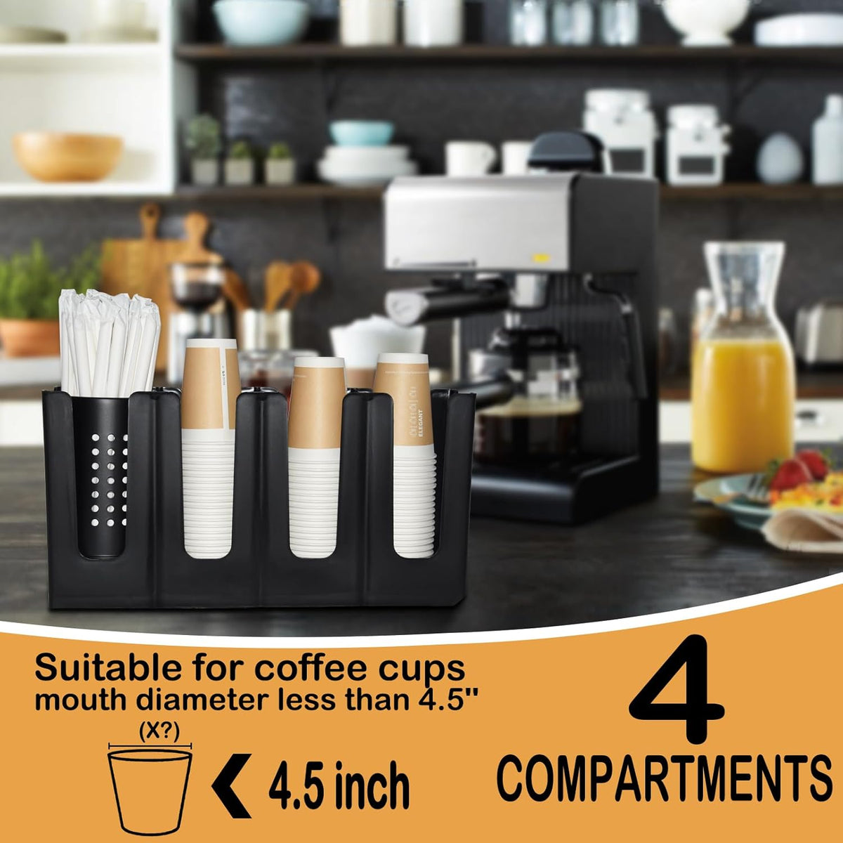 Cup Holder Lid Dispenser with Straw Organizer,4 Compartment 7 Adjusting,Cup Storage Organizer for Breakroom Countertop Coffee Station Bar Restaurant