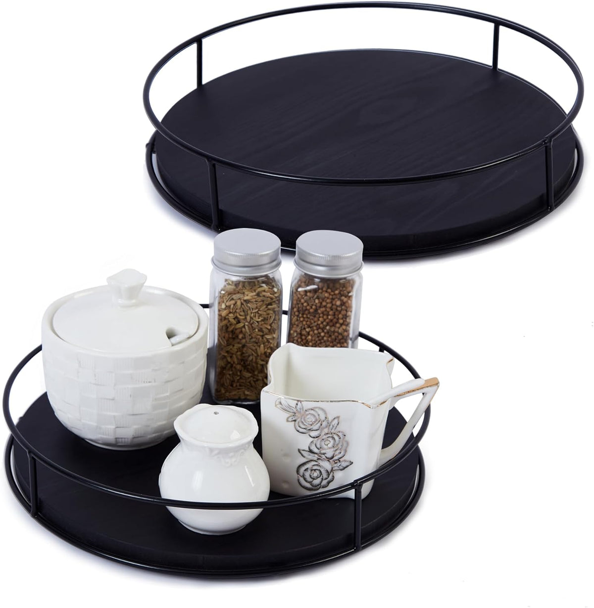 [ 2 Pack ] 9" & 10" Black Wood Lazy Susan Organizers with Steel Sides, Lazy Susan Turntable for Cabinet, Kitchen Turntable Storage for Table, Countertop, Pantry