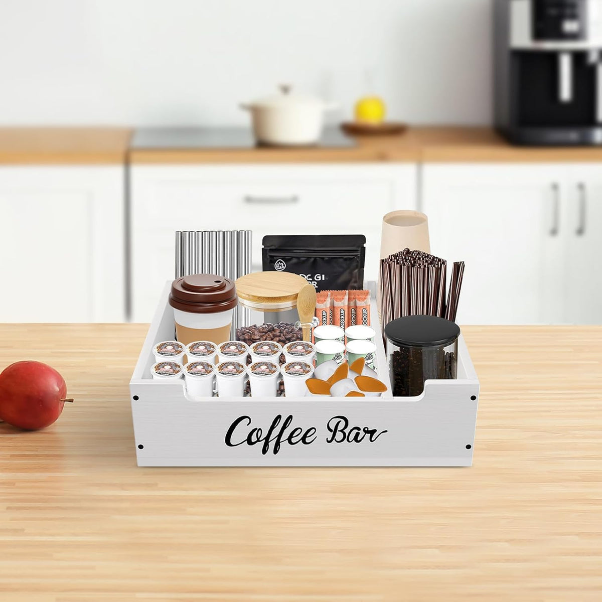 Coffee Pod Bar Station Wooden 14" X 10" X 4" Organizer Box for Countertop, Counter Top Tea Espresso Cup Wood Storage Box, White