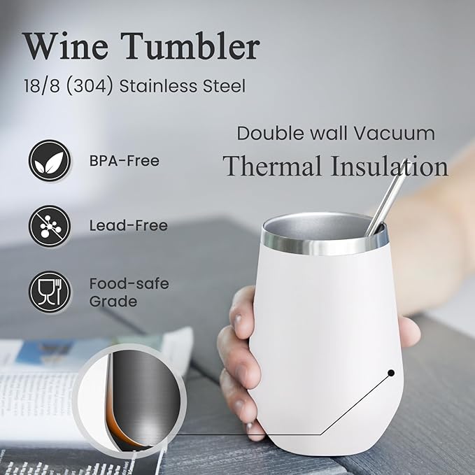 MEWAY 12oz Insulated Wine Tumbler - Double Wall Stainless Steel Stemless Glasses with Lids, Wine cups, Gift for Family and Gifts, Prizes for adults(White,1)