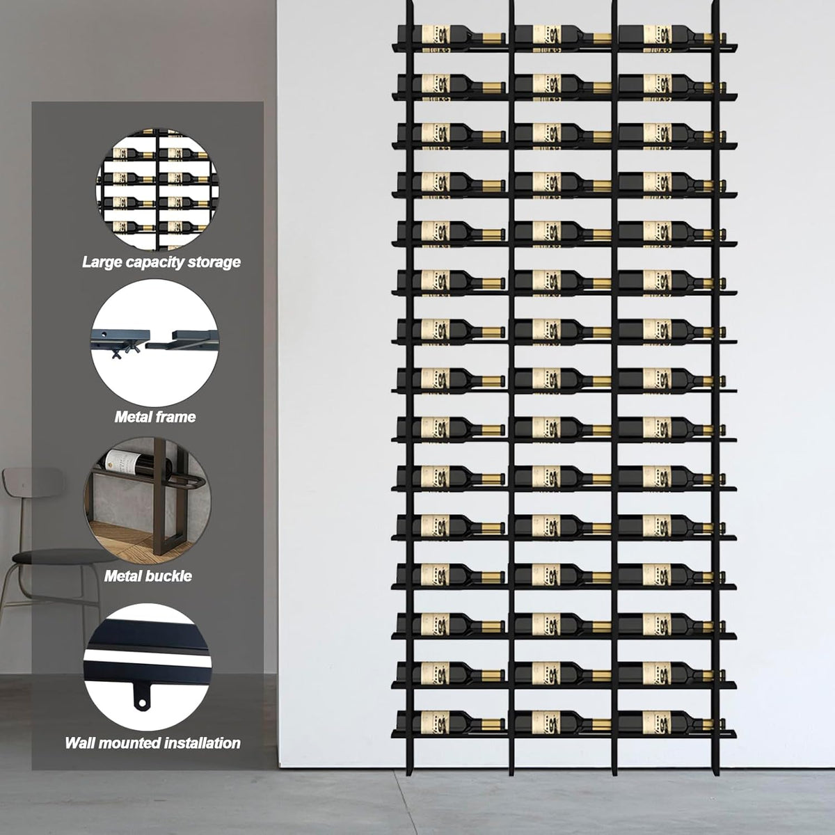 Wine Rack Freestanding Floor, 16 Tier 80 Bottle Capacity Display Holder, Black Industrial Wine Bottle Storage Shelves, for Any Bar, Wine Cellar, Kitchen, Dining Room (Gold, 5 Column)