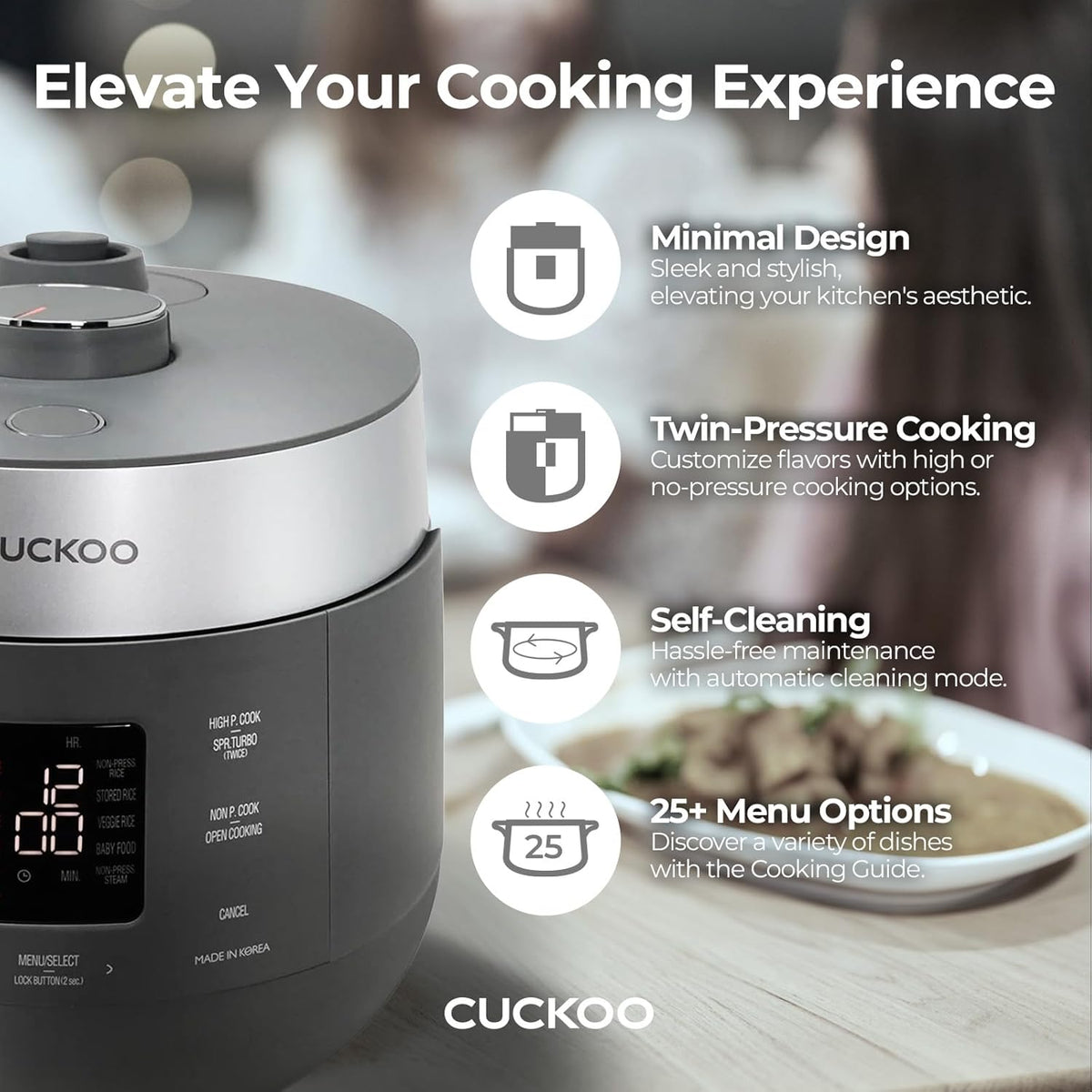 CUCKOO CRP-ST0609FG 6-Cup (Uncooked) / 12-Cup (Cooked) Twin Pressure Rice Cooker & Warmer with Nonstick Inner Pot, 16 Menu Options, 3 Voice Guide, Auto Clean (Gray)